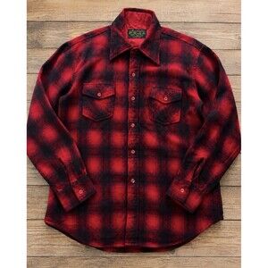 Vintage Sears Wool Flannel Shirt Jacket Red Black Plaid Men's Large Farm Cabin